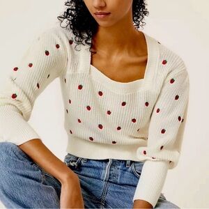 Maeve Anthropologie White Strawberry Embroidered Square Neck Knit Sweater Size M